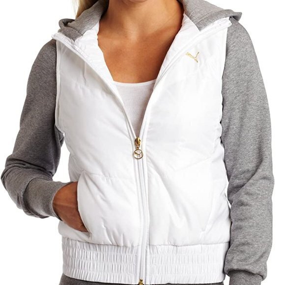 PUMA Apparel Women's Overlay Jacket‎ Hooded Full Zip Front Size M White Gray - Picture 1 of 7